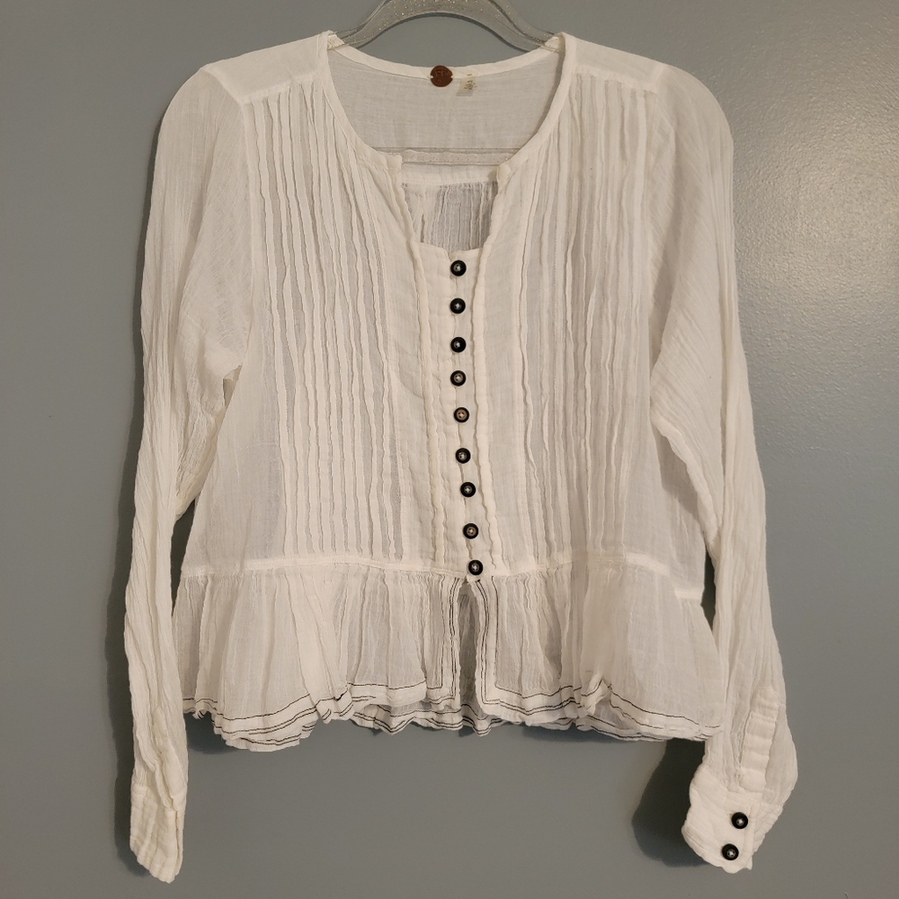 Free People White Gauze Peplum Button-Front Blouse